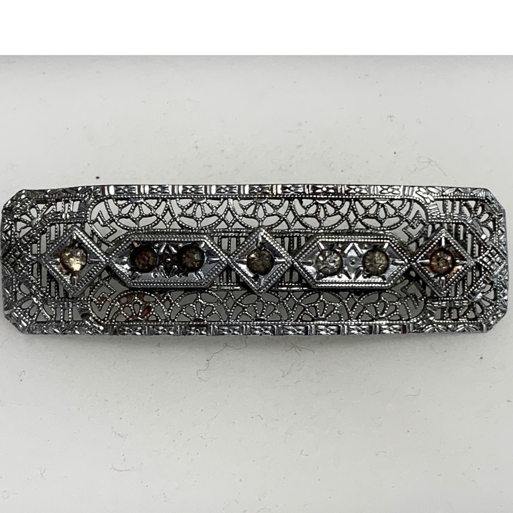 Vintage Art Deco Silver Tone Filigree Bar Brooch Smoky Rhinestone Geometric 4695